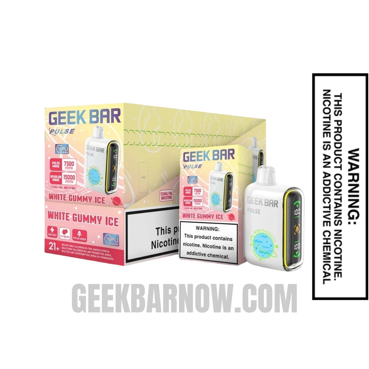 White Gummy Ice Geek Bar Pulse Vape With Bundle Pack White Gummy Ice Geek Bar Pulse Vape With Bundle Pack