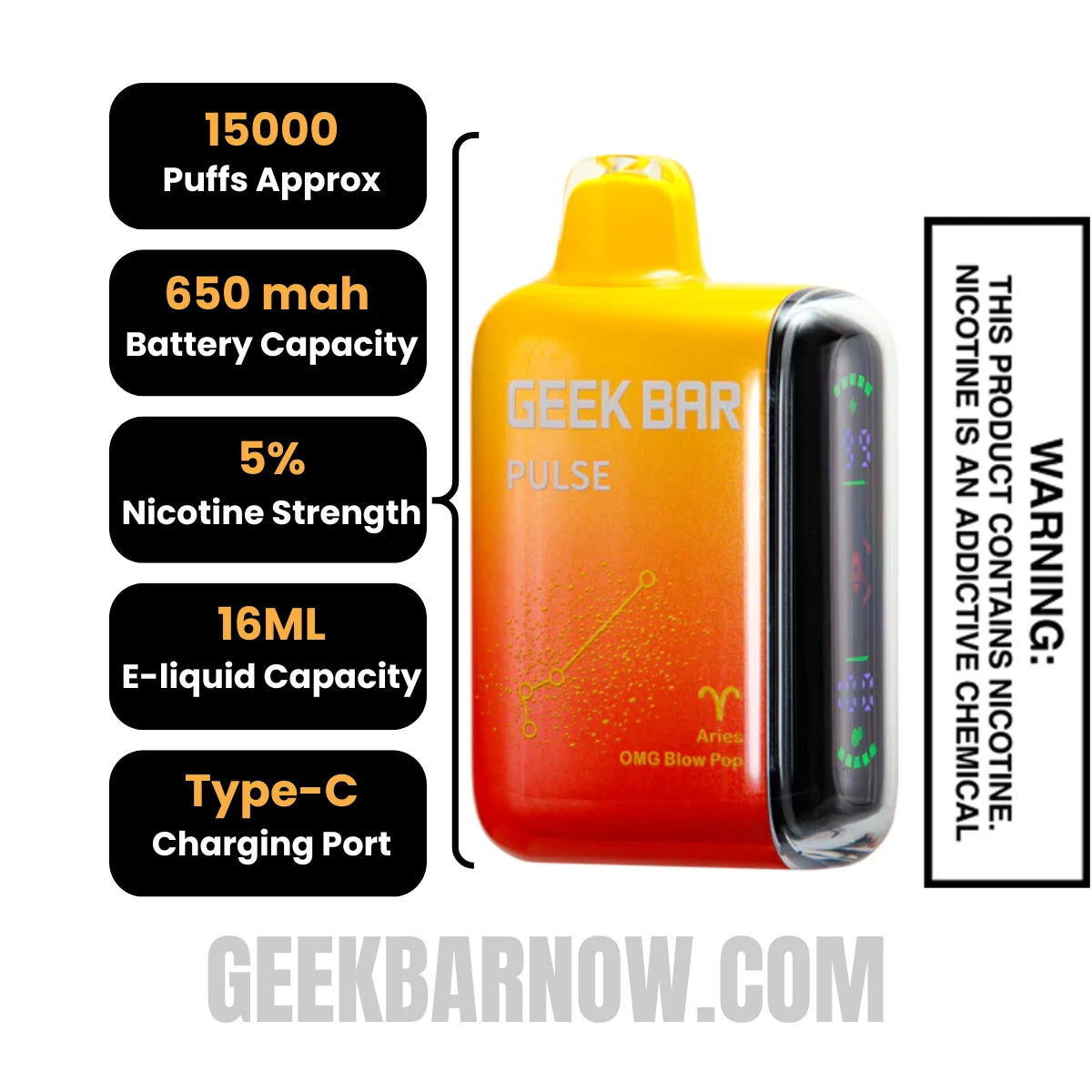 Aries OMG Blow Pop Geek Bar Pulse Vape Specifications