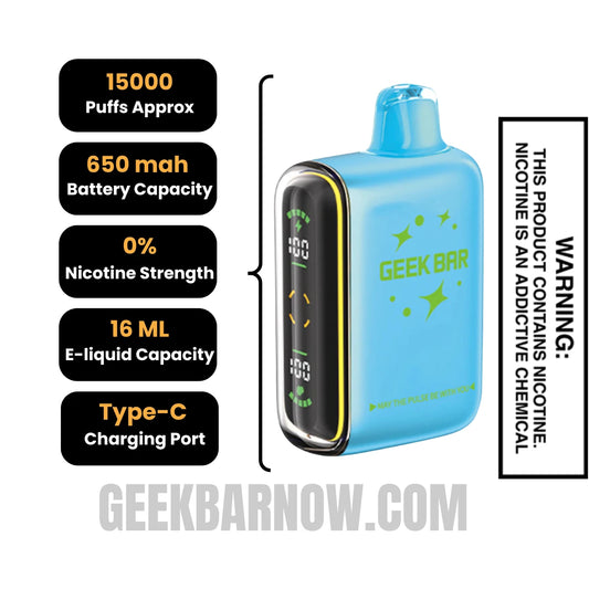 Blue Razz Ice Geek Bar Pulse Zero Nicotine Vape specifications