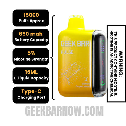 Gemini Grape Lemon Geek Bar Pulse Vape Specification