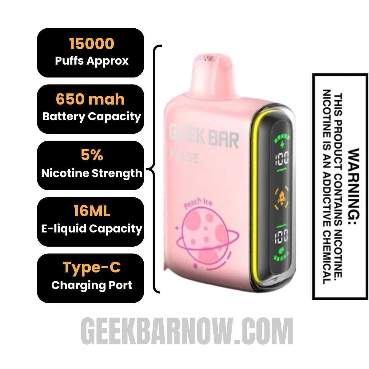 Peach Ice Geek Bar Pulse Vape Specification