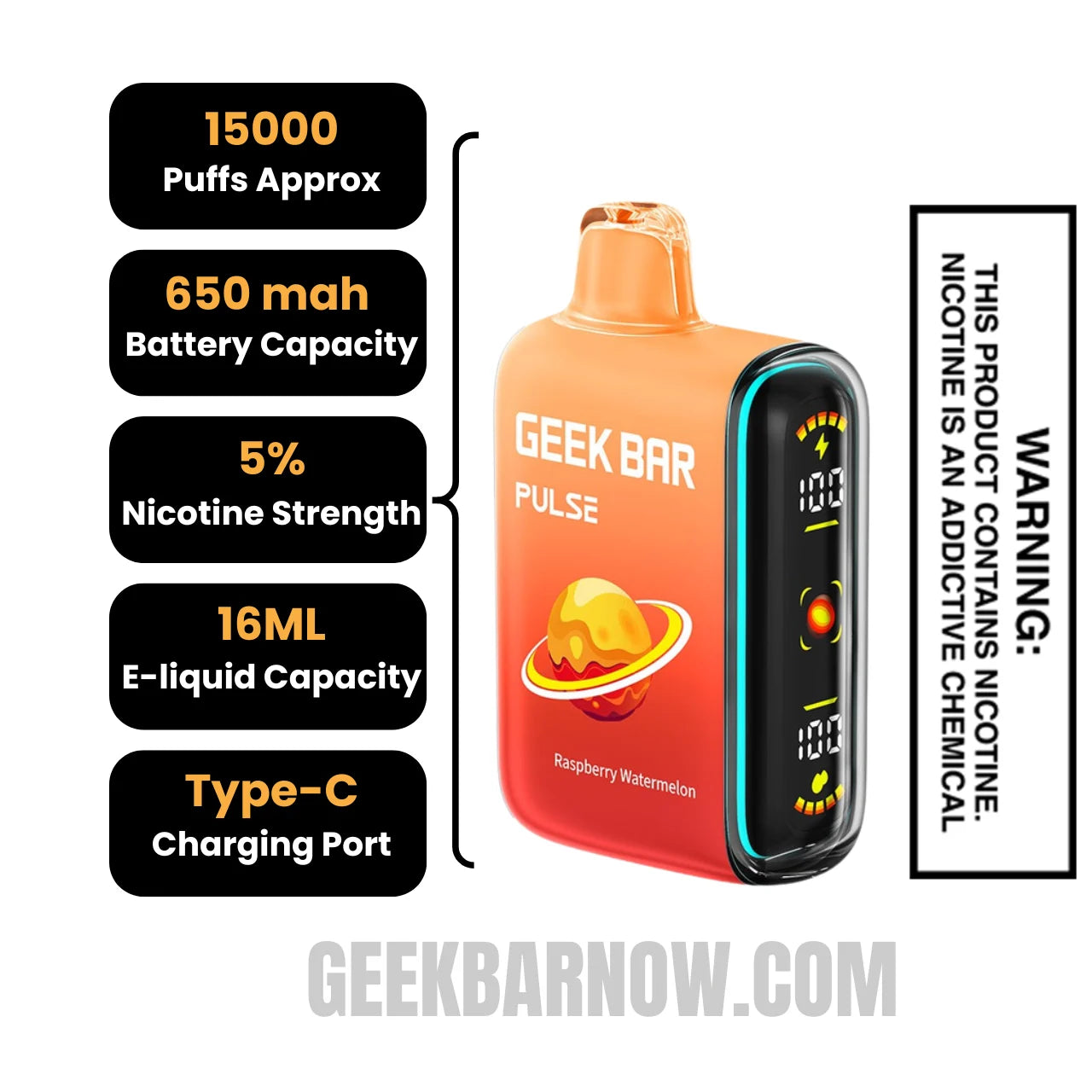 Raspberry Watermelon Geek Bar Pulse Disposable Vape Specifications