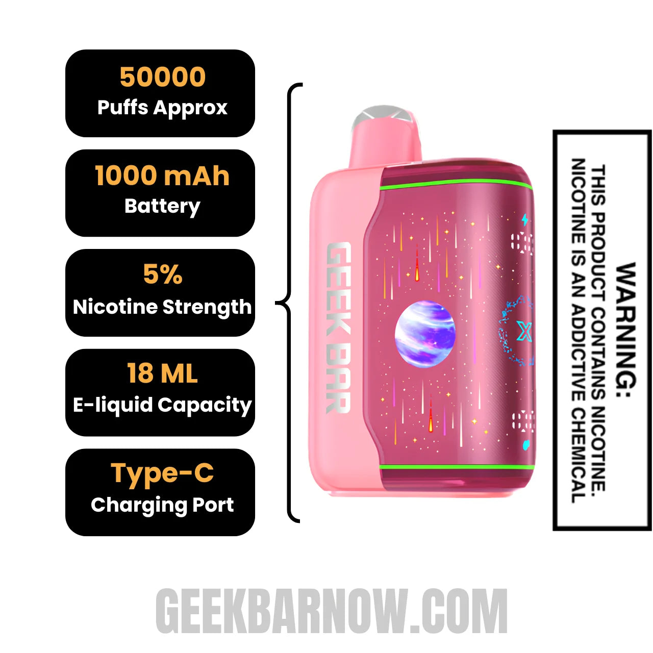 White Peach Raspberry Geek Bar Pulse X2 Disposable Vape Specifications