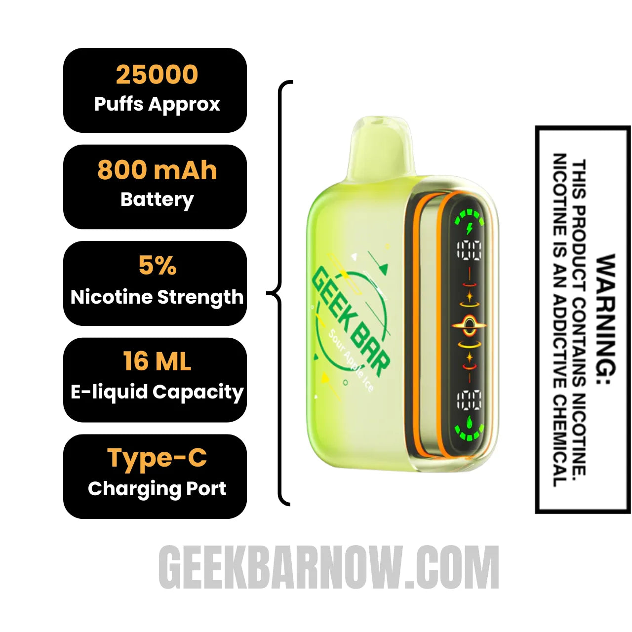 Sour Apple Ice Geek Bar Pulse 2 Disposable Vape Specifications
