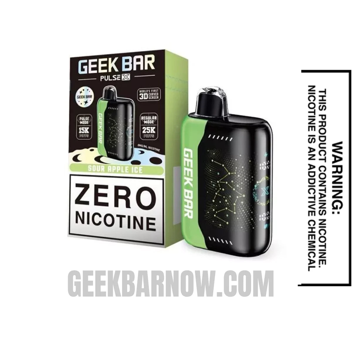 Sour Apple Ice Geek Bar Pulse X Zero Nicotine Vape With Package Box