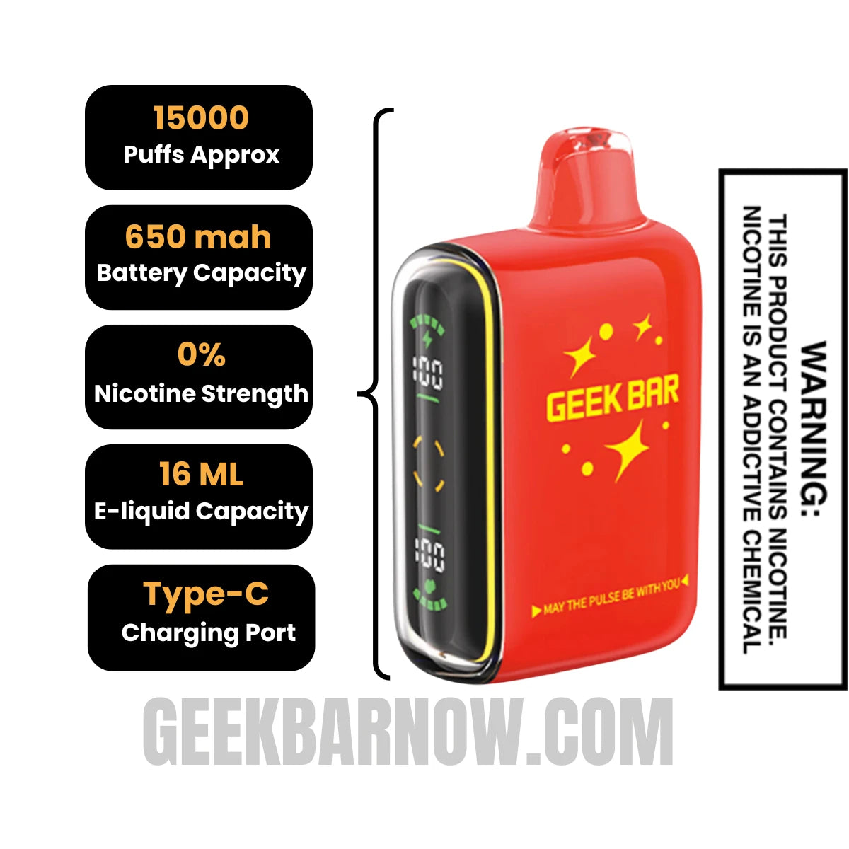 Watermelon Ice Geek Bar Pulse Zero Nicotine Vape Specifications