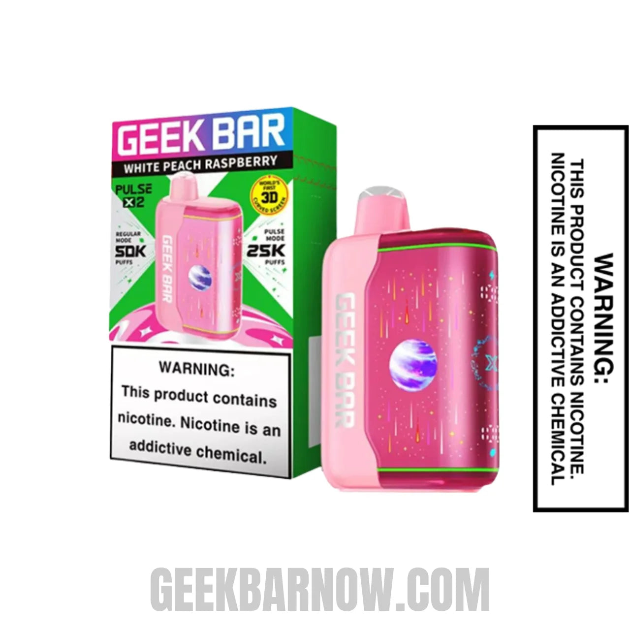 White Peach Raspberry Geek Bar Pulse X2 Disposable Vape with Package Box