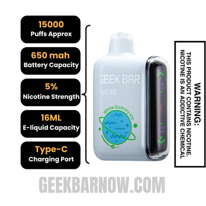 White Gummy Ice Geek Bar Pulse Vape Specification